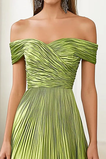 Metallic satijn off the shoulder groene A lijn geplooide militaire baljurk